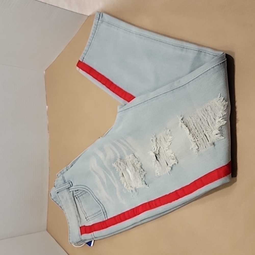 Romwe, Size 28, Distressed Light Wash Jeans with Red Tuxedo Stripe Detail, NEW
